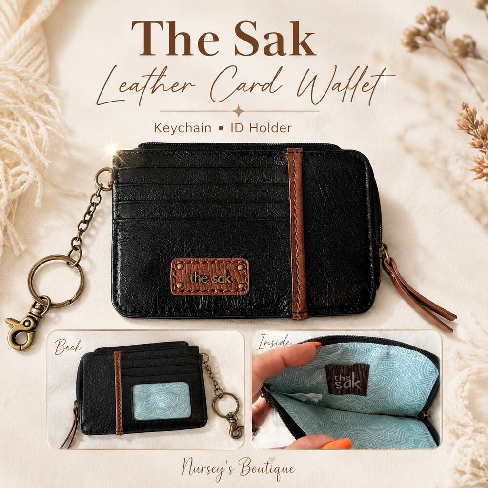 The Sak Black Leather Iris Card Wallet Keychain ID Holder Coin Purse